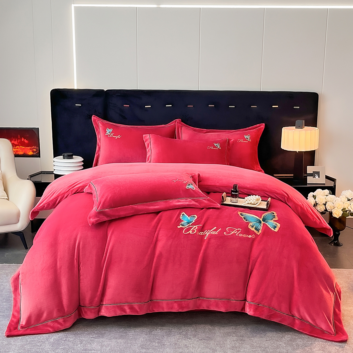 91家纺网 家纺一手货源 找家纺 妮恒美家纺 2025新款牛奶绒刺绣四件套唯美蝴蝶结系列 唯美-富世红