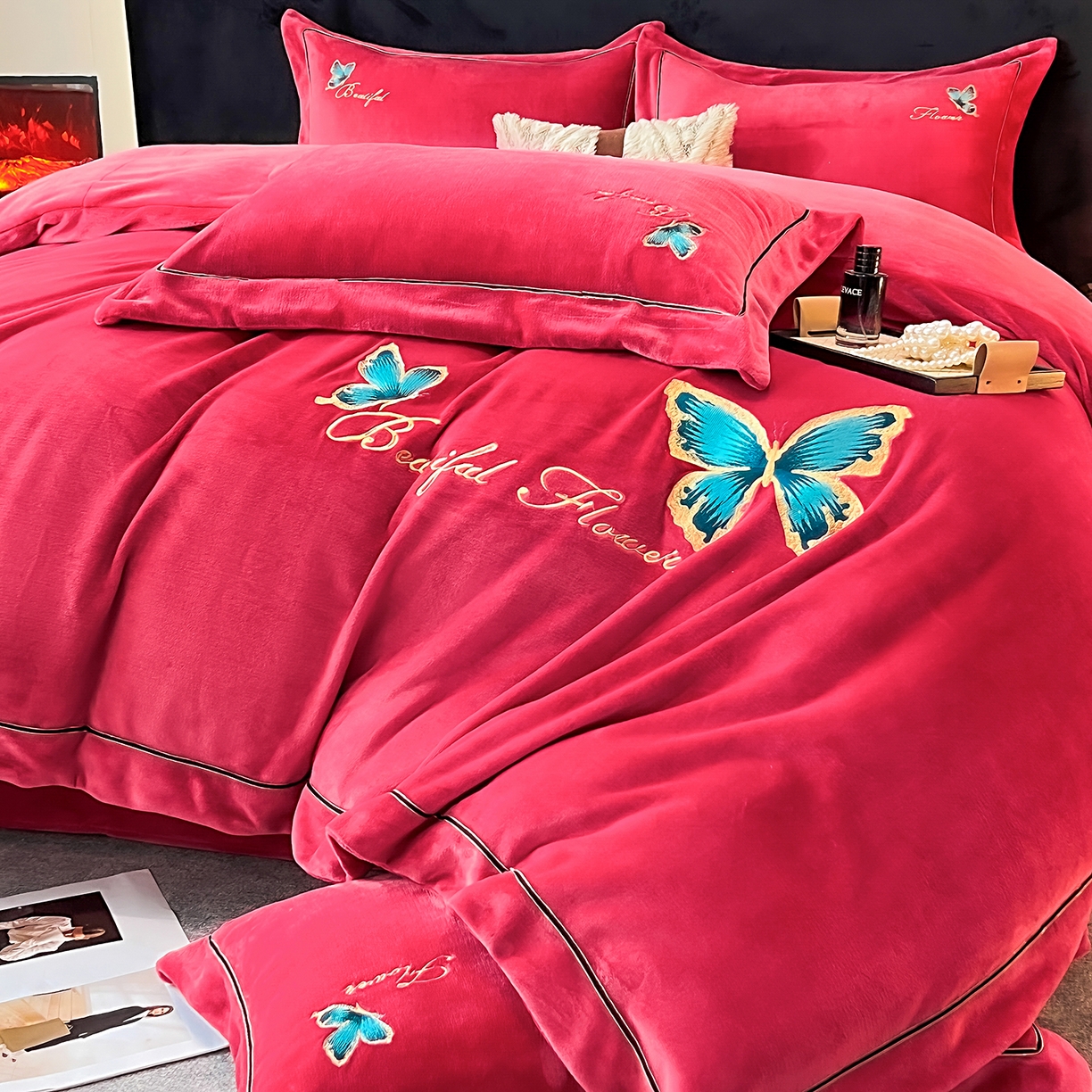 91家纺网 家纺一手货源 找家纺 妮恒美家纺 2025新款牛奶绒刺绣四件套唯美蝴蝶结系列 唯美-富世红