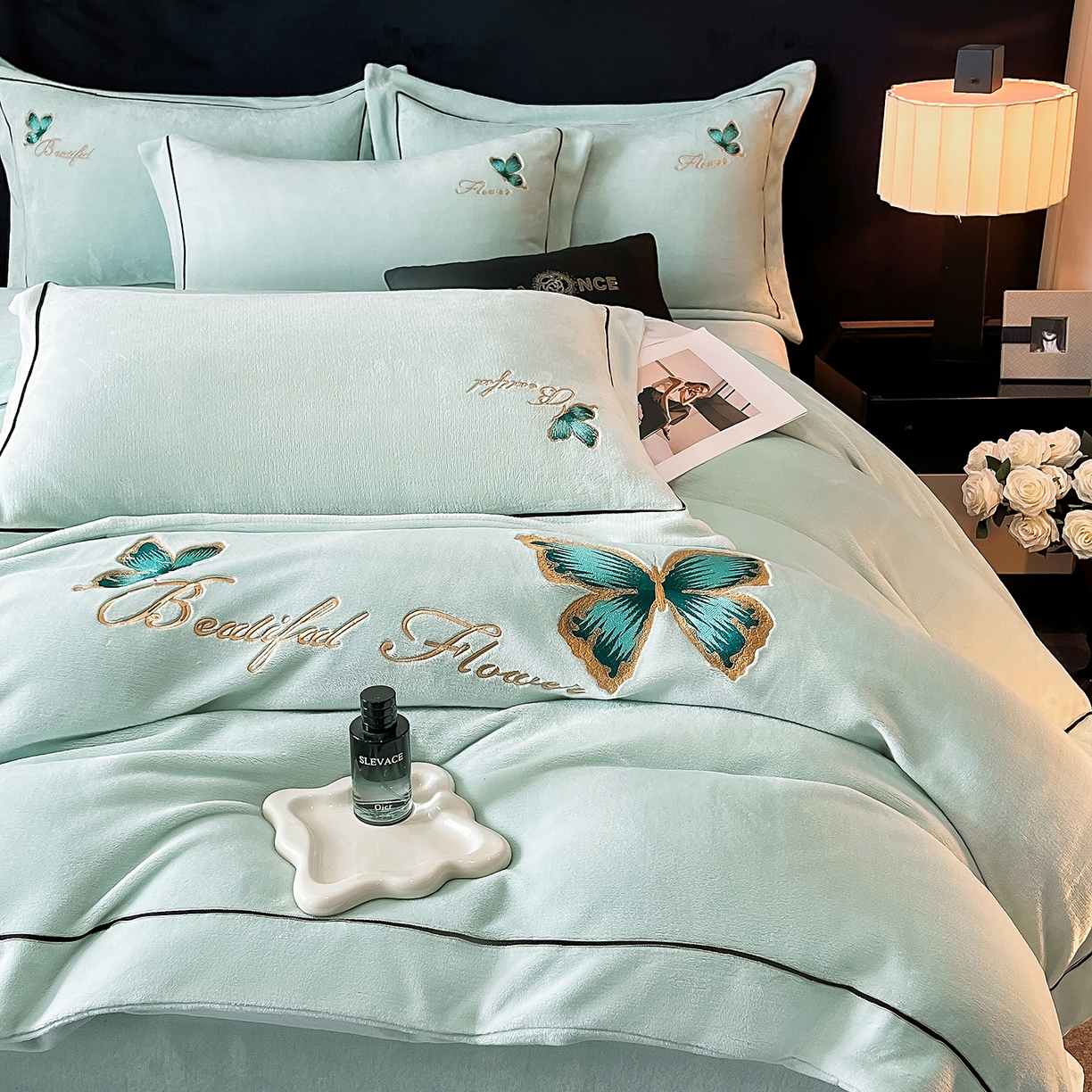 91家纺网 家纺一手货源 找家纺 妮恒美家纺 2025新款牛奶绒刺绣四件套唯美蝴蝶结系列 唯美-元气绿