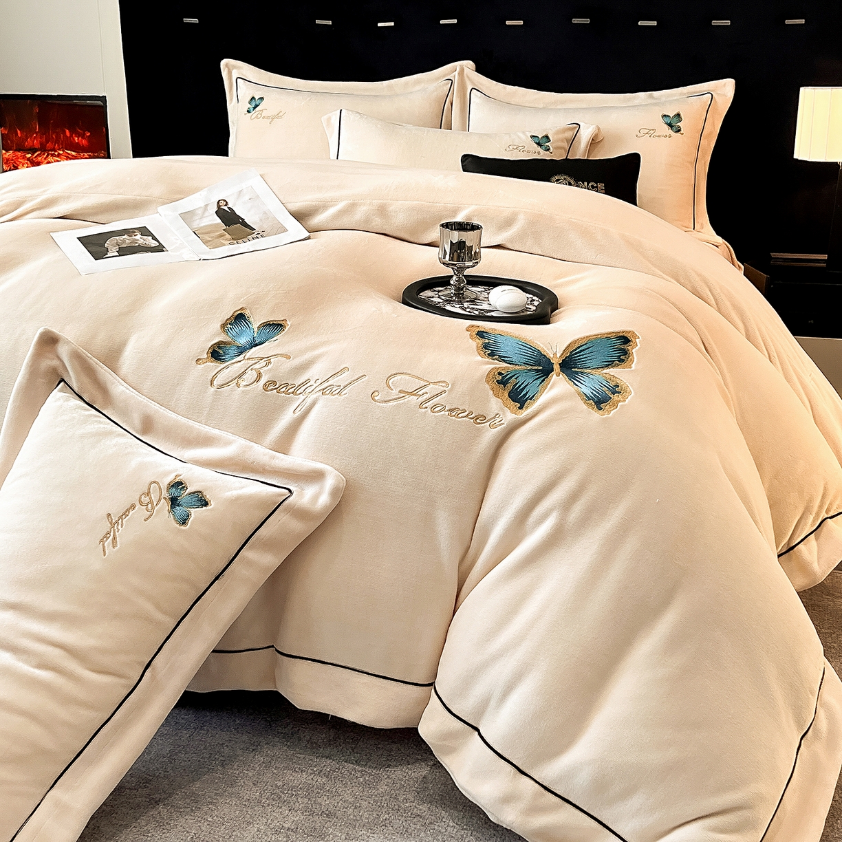 91家纺网 家纺一手货源 找家纺 （总）妮恒美家纺 2025新款牛奶绒刺绣四件套唯美蝴蝶结系列