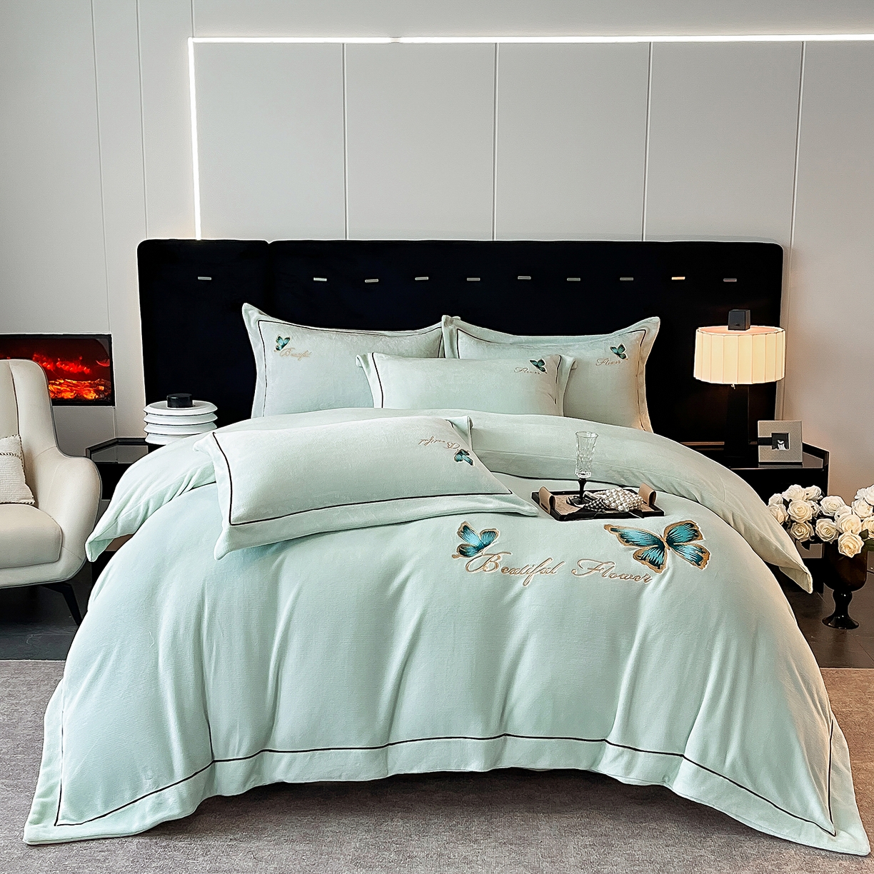 91家纺网 家纺一手货源 找家纺 妮恒美家纺 2025新款牛奶绒刺绣四件套唯美蝴蝶结系列 唯美-元气绿