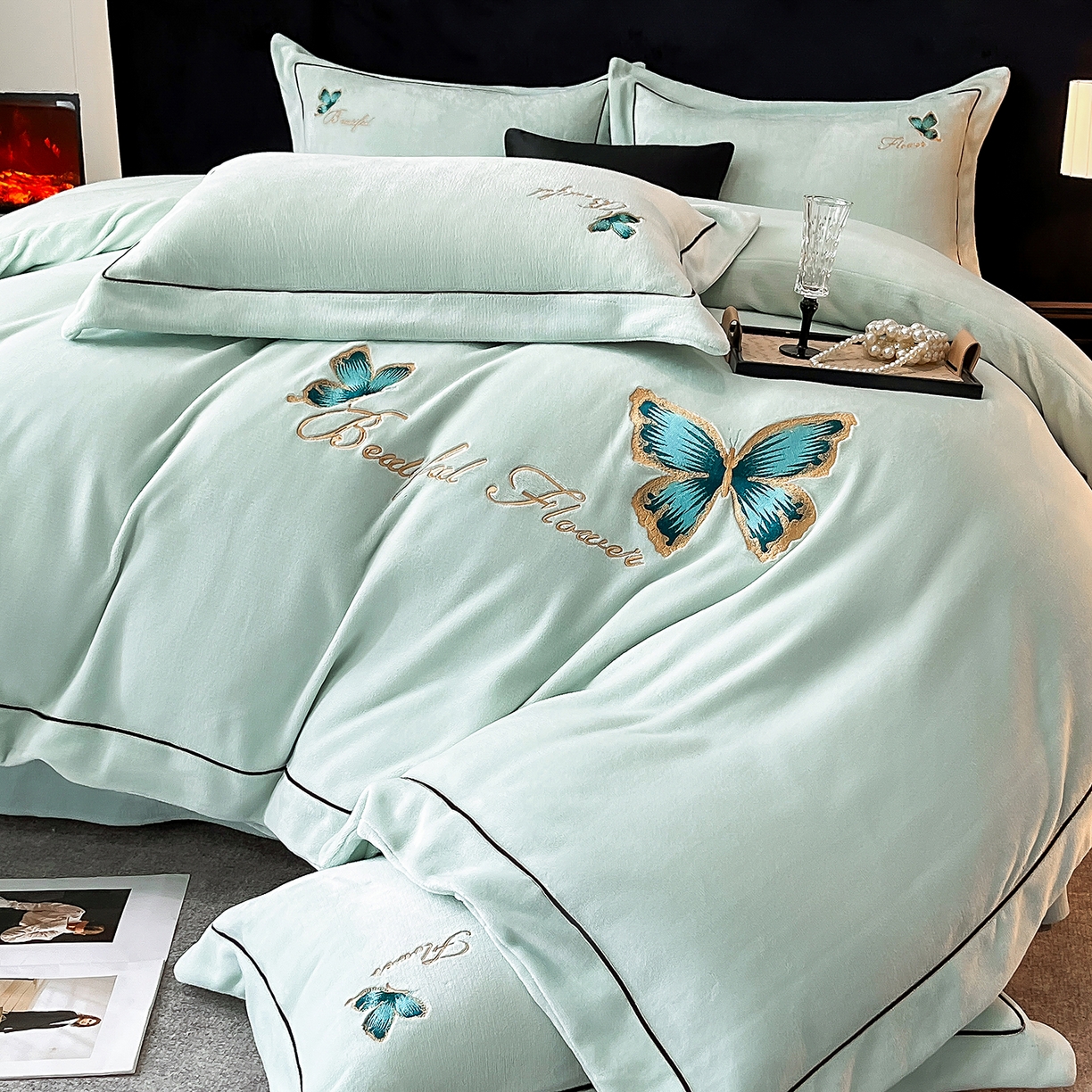 91家纺网 家纺一手货源 找家纺 妮恒美家纺 2025新款牛奶绒刺绣四件套唯美蝴蝶结系列 唯美-元气绿