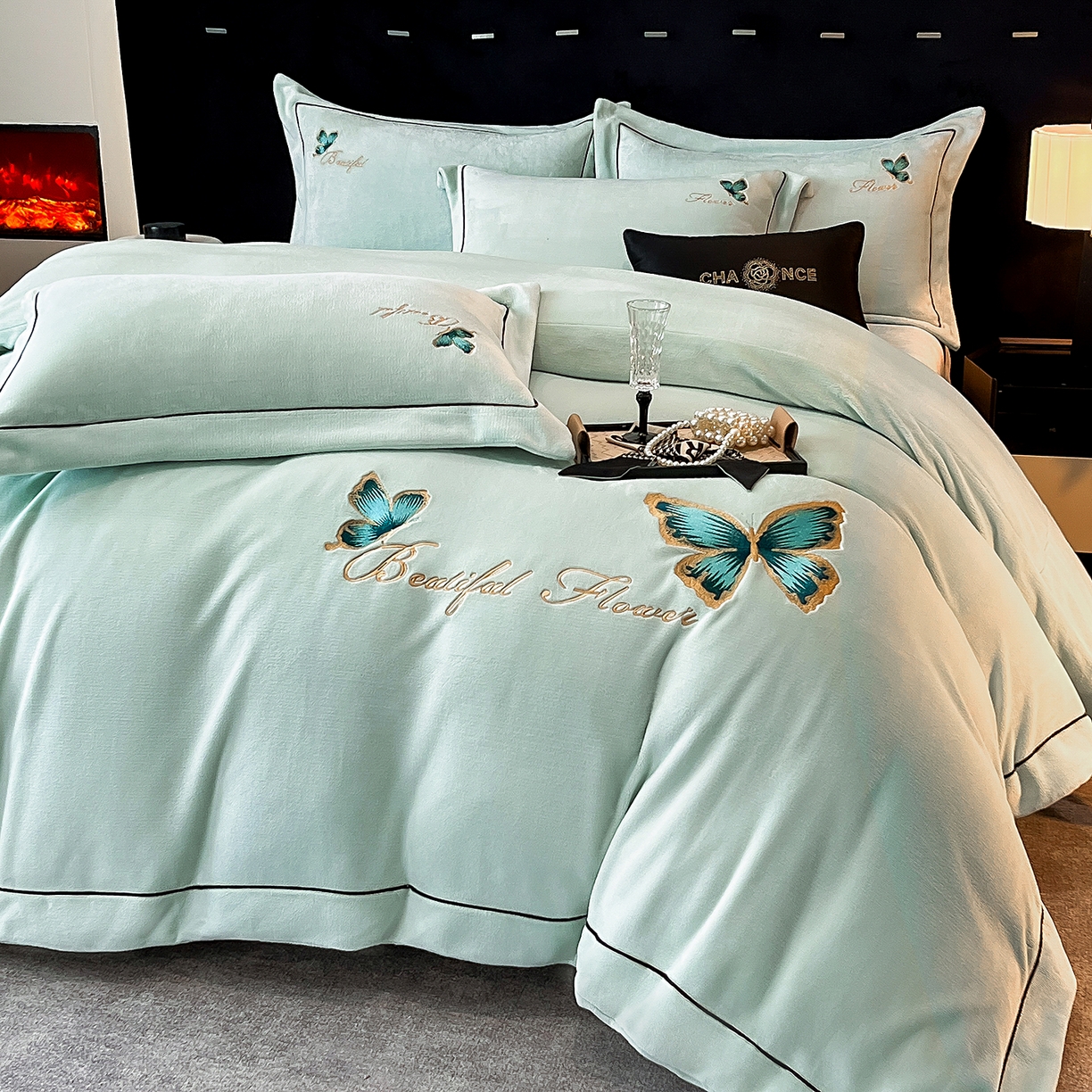 妮恒美家纺 2025新款牛奶绒刺绣四件套唯美蝴蝶结系列 唯美-元气绿