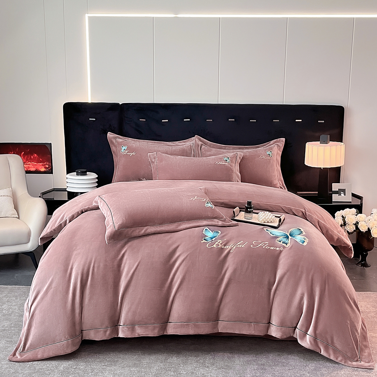 91家纺网 家纺一手货源 找家纺 妮恒美家纺 2025新款牛奶绒刺绣四件套唯美蝴蝶结系列 唯美-相约拿铁