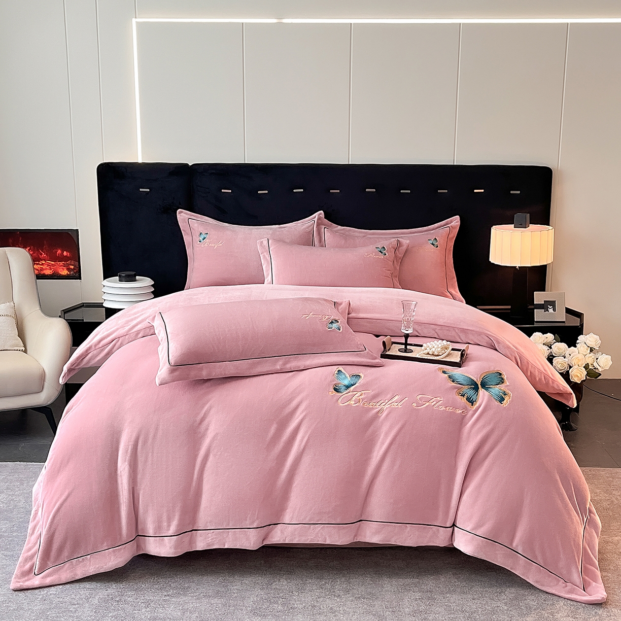 91家纺网 家纺一手货源 找家纺 妮恒美家纺 2025新款牛奶绒刺绣四件套唯美蝴蝶结系列 唯美-豆沙