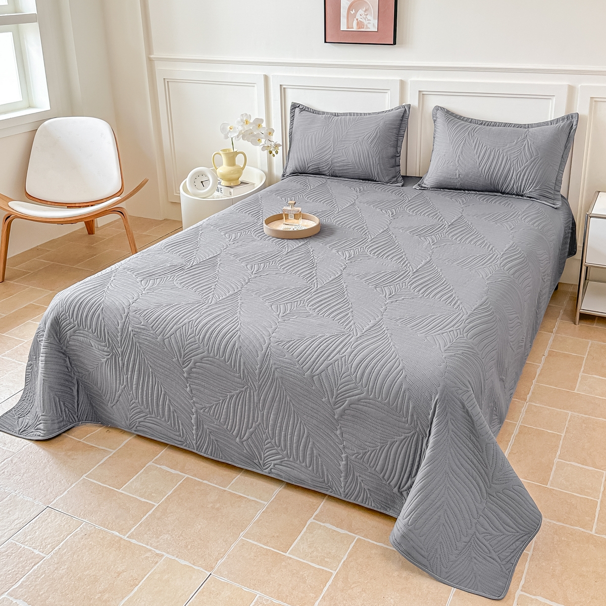 91家纺网 家纺一手货源 找家纺 手艺人家纺 2025新款化纤亲肤床盖三件套 HS-01灰色