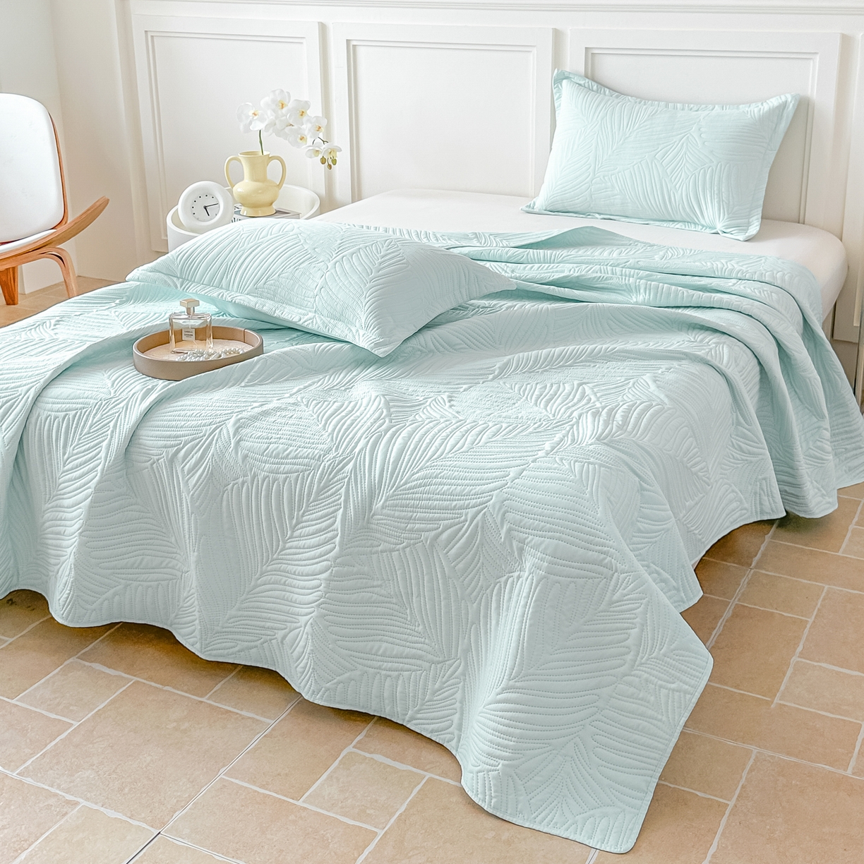 91家纺网 家纺一手货源 找家纺 手艺人家纺 2025新款化纤亲肤床盖三件套 HS-01浅绿