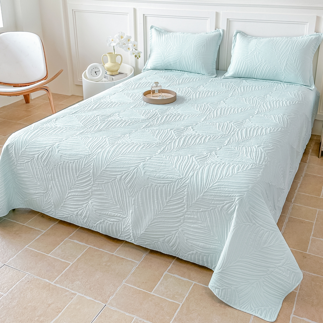 91家纺网 家纺一手货源 找家纺 手艺人家纺 2025新款化纤亲肤床盖三件套 HS-01浅绿