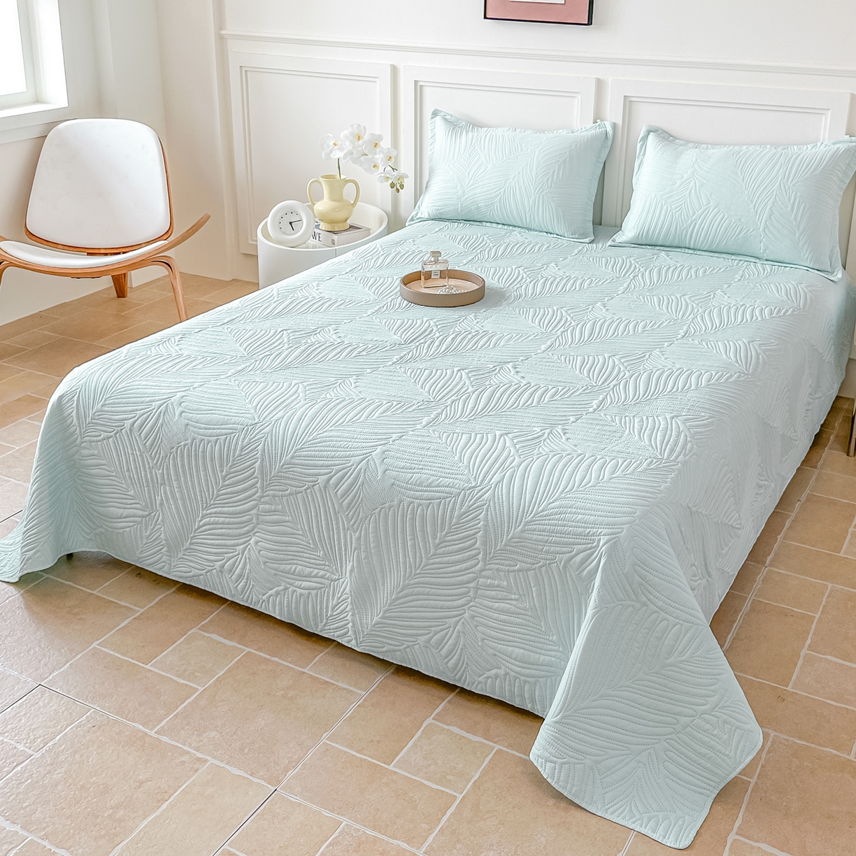 91家纺网 家纺一手货源 找家纺 手艺人家纺 2025新款化纤亲肤床盖三件套 HS-01浅绿