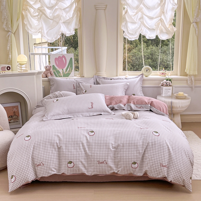 红淳家纺 2025新款小清新春款12868全棉印花四件套 格纹水果（咖）