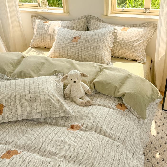 91家纺网 家纺一手货源 找家纺 红淳家纺 2025新款小清新春款12868全棉印花四件套 梦幻小象