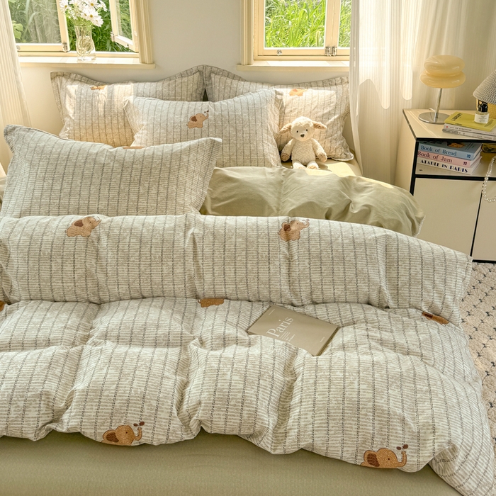 91家纺网 家纺一手货源 找家纺 红淳家纺 2025新款小清新春款12868全棉印花四件套 梦幻小象