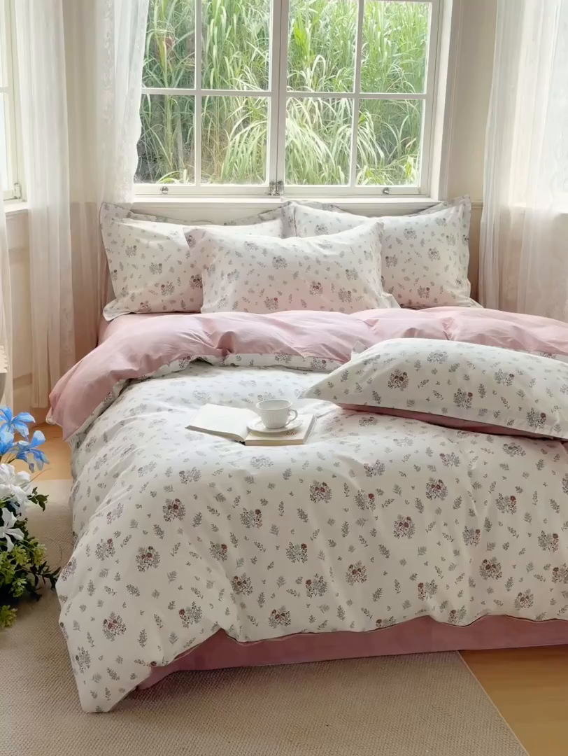 91家纺网 家纺一手货源 找家纺 红淳家纺 2025新款小清新春款12868全棉印花四件套 如月花梦