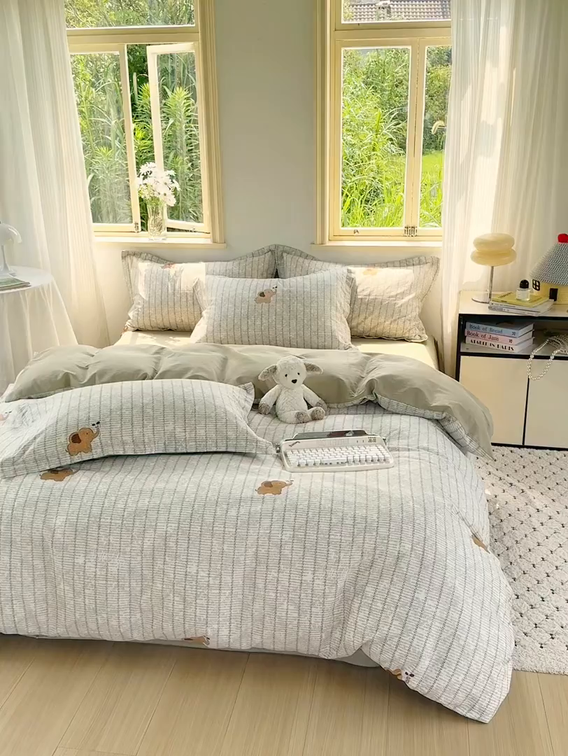 91家纺网 家纺一手货源 找家纺 红淳家纺 2025新款小清新春款12868全棉印花四件套 梦幻小象