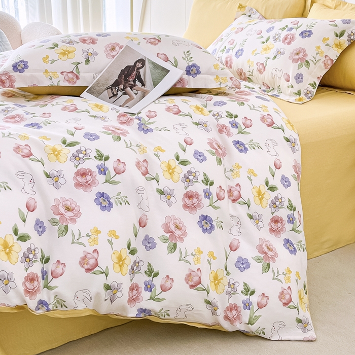 91家纺网 家纺一手货源 找家纺 红淳家纺 2025新款小清新春款12868全棉印花四件套 花月兔