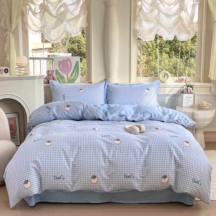 红淳家纺 2025新款小清新春款12868全棉印花四件套 格纹水果（蓝）