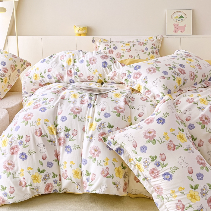 91家纺网 家纺一手货源 找家纺 红淳家纺 2025新款小清新春款12868全棉印花四件套 花月兔