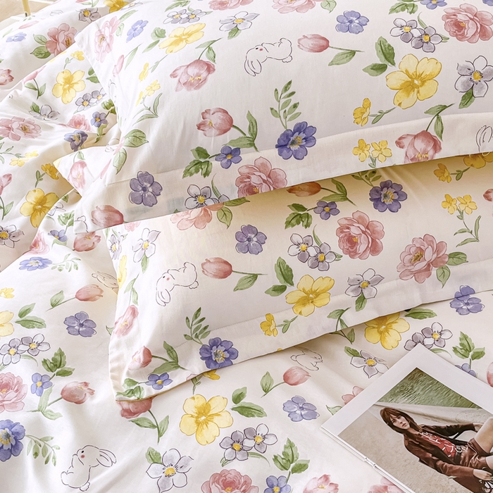 91家纺网 家纺一手货源 找家纺 红淳家纺 2025新款小清新春款12868全棉印花四件套 花月兔