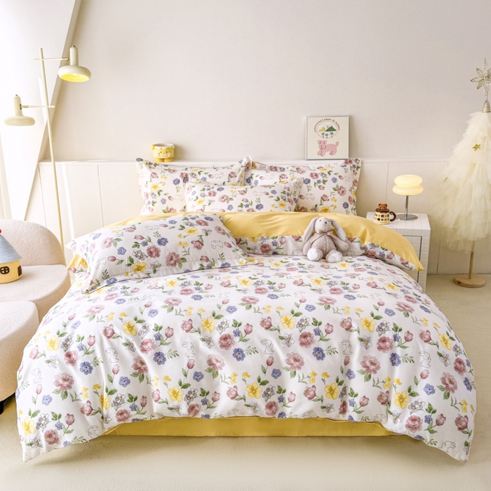 红淳家纺 2025新款小清新春款12868全棉印花四件套 花月兔