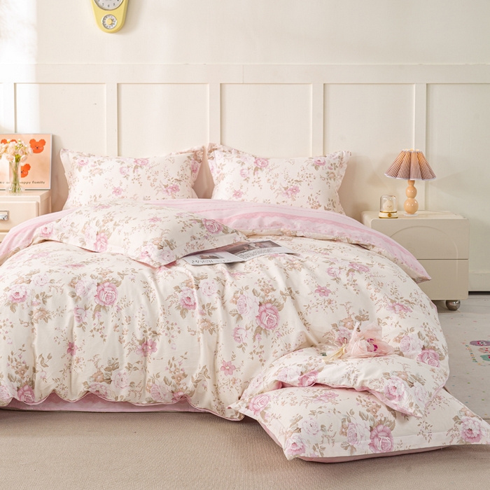 91家纺网 家纺一手货源 找家纺 红淳家纺 2025新款小清新春款12868全棉印花四件套 华庭庄园