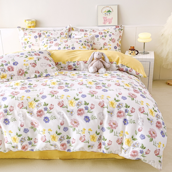 91家纺网 家纺一手货源 找家纺 红淳家纺 2025新款小清新春款12868全棉印花四件套 花月兔