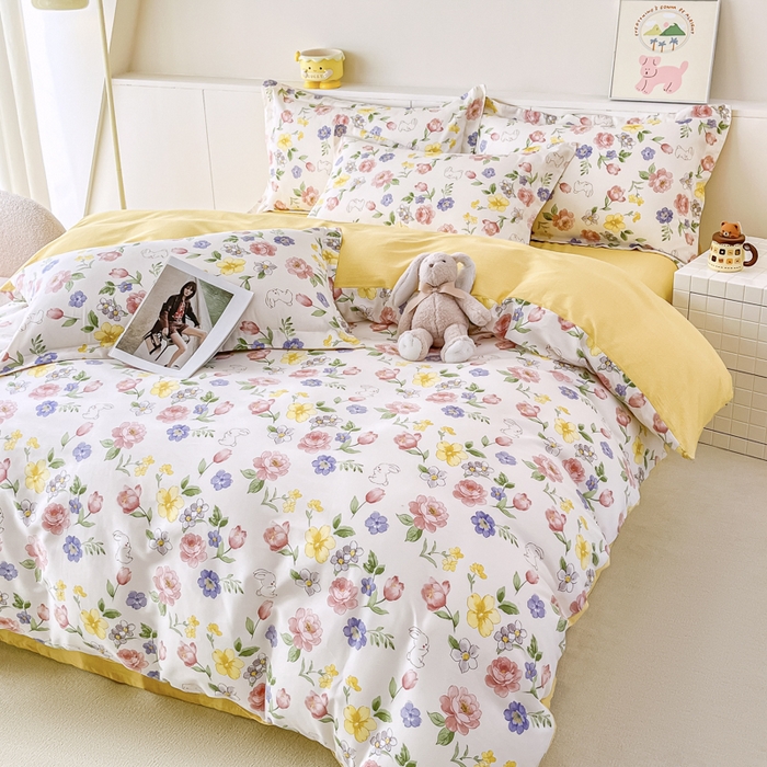 91家纺网 家纺一手货源 找家纺 红淳家纺 2025新款小清新春款12868全棉印花四件套 花月兔