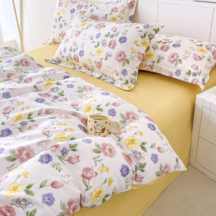 91家纺网 家纺一手货源 找家纺 红淳家纺 2025新款小清新春款12868全棉印花四件套 花月兔