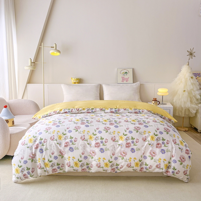 91家纺网 家纺一手货源 找家纺 红淳家纺 2025新款小清新春款12868全棉印花四件套 花月兔