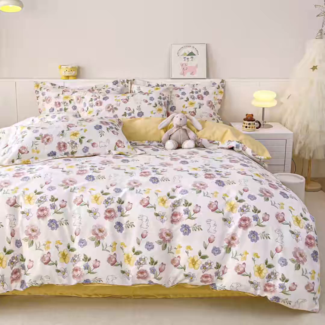 91家纺网 家纺一手货源 找家纺 红淳家纺 2025新款小清新春款12868全棉印花四件套 花月兔