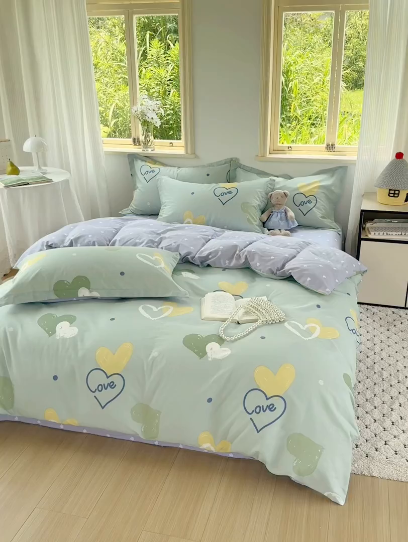 91家纺网 家纺一手货源 找家纺 红淳家纺 2025新款小清新春款12868全棉印花四件套 心愿恋曲