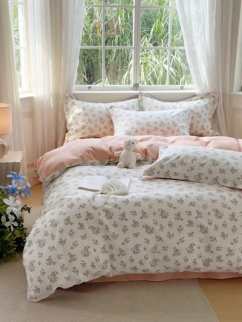 91家纺网 家纺一手货源 找家纺 红淳家纺 2025新款小清新春款12868全棉印花四件套 清风如叶