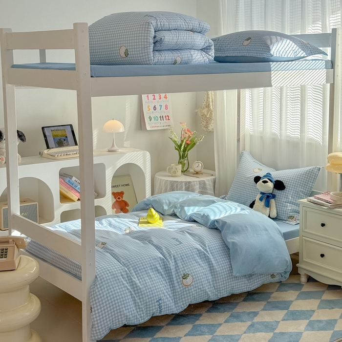 红淳家纺 2025新款全棉青少年学生三件套 格纹水果（蓝）