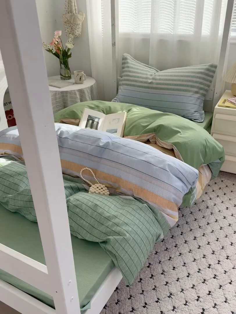 91家纺网 家纺一手货源 找家纺 红淳家纺 2025新款全棉青少年学生三件套 摩卡人生-绿