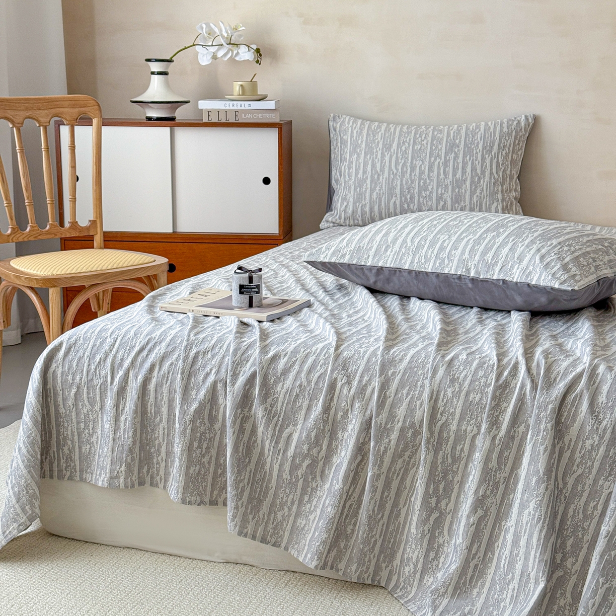 91家纺网 家纺一手货源 找家纺 眠博士 2025新款全棉纯棉三层纱单床单 床单单件 三层纱床单-流光灰