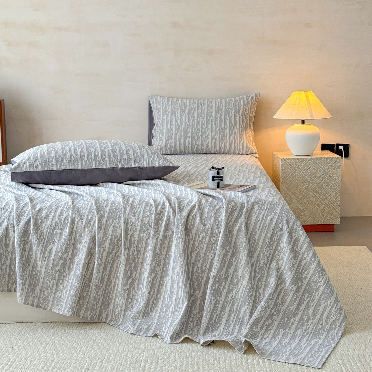 91家纺网 家纺一手货源 找家纺 眠博士 2025新款全棉纯棉三层纱单床单 床单单件 三层纱床单-流光灰