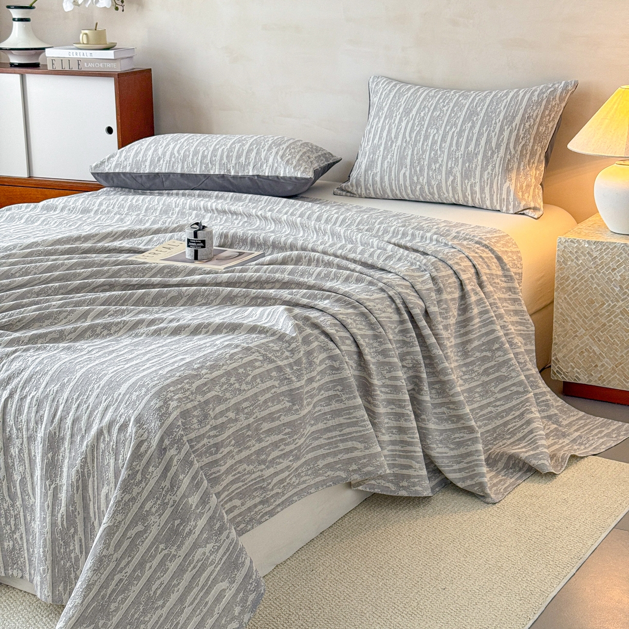 91家纺网 家纺一手货源 找家纺 眠博士 2025新款全棉纯棉三层纱单床单 床单单件 三层纱床单-流光灰