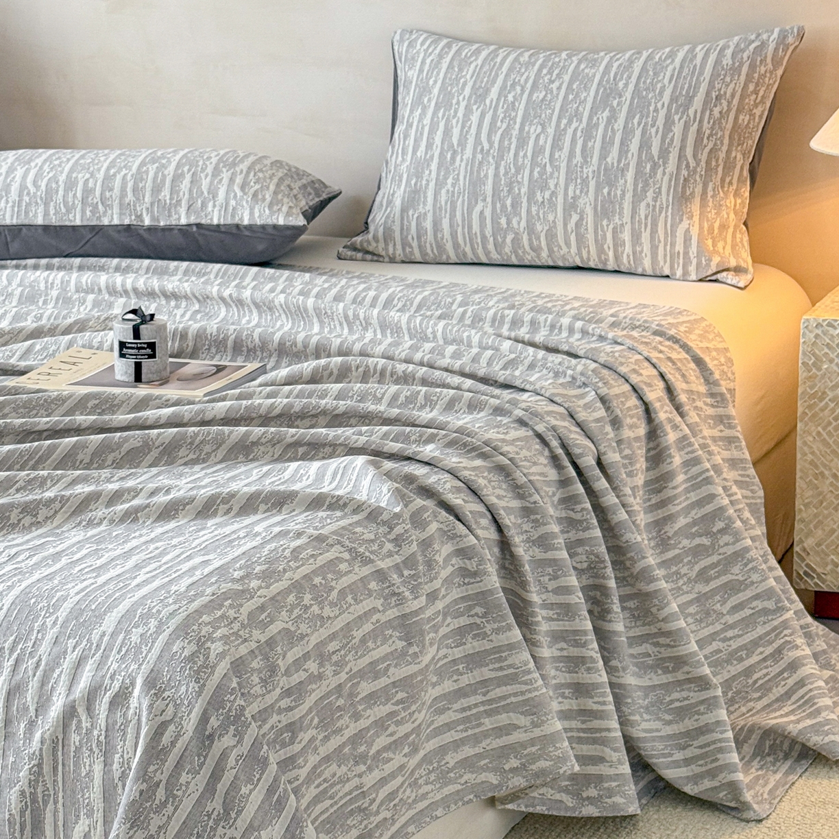 91家纺网 家纺一手货源 找家纺 眠博士 2025新款全棉纯棉三层纱单床单 床单单件 三层纱床单-流光灰