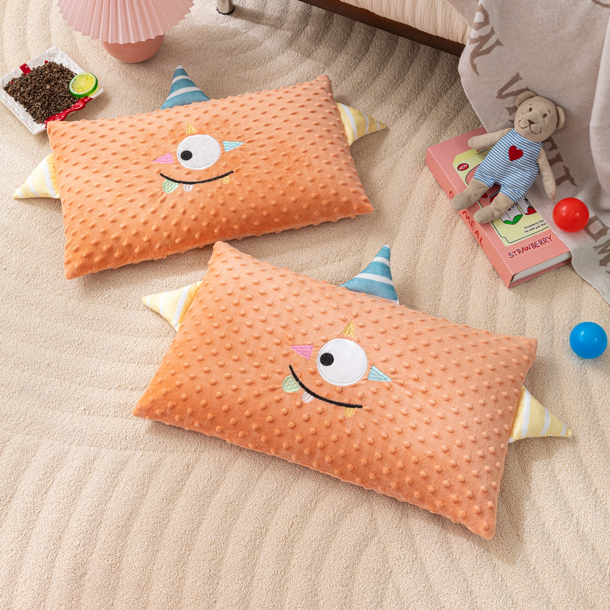 织布人 2025新款荞麦枕豆豆绒小怪兽卡通儿童荞麦枕学生枕开学季宿舍枕头枕芯 太空豆豆荞麦枕-太空眼桔色 30x50cm/只
