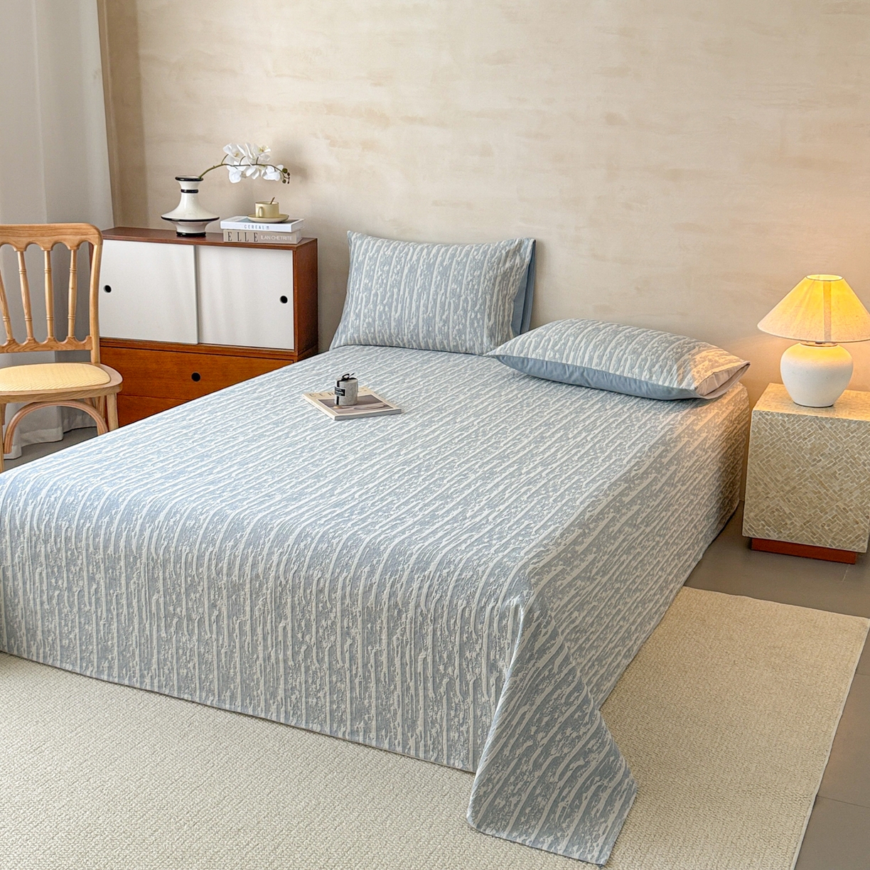 91家纺网 家纺一手货源 找家纺 眠博士 2025新款全棉纯棉三层纱单床单 床单单件 三层纱床单-流光蓝