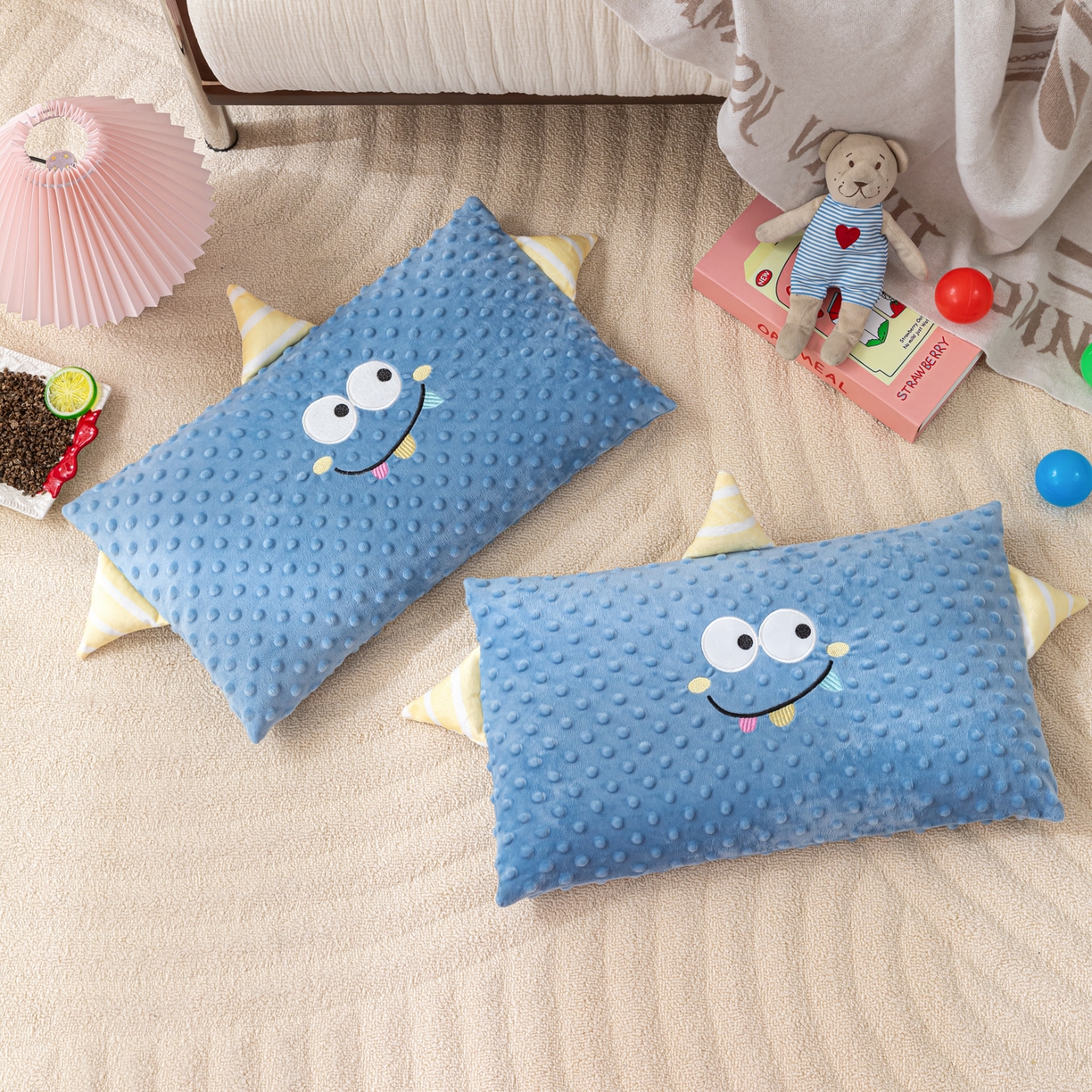 91家纺网 家纺一手货源 找家纺 织布人 2025新款荞麦枕豆豆绒小怪兽卡通儿童荞麦枕学生枕开学季宿舍枕头枕芯 太空豆豆荞麦枕--小怪兽蓝色 30x50cm/只