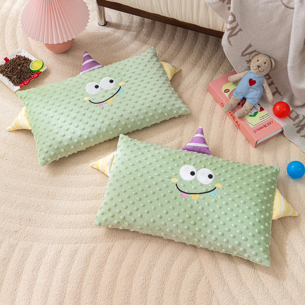 织布人 2025新款荞麦枕豆豆绒小怪兽卡通儿童荞麦枕学生枕开学季宿舍枕头枕芯 太空豆豆荞麦枕-小怪兽绿色 30x50cm/只