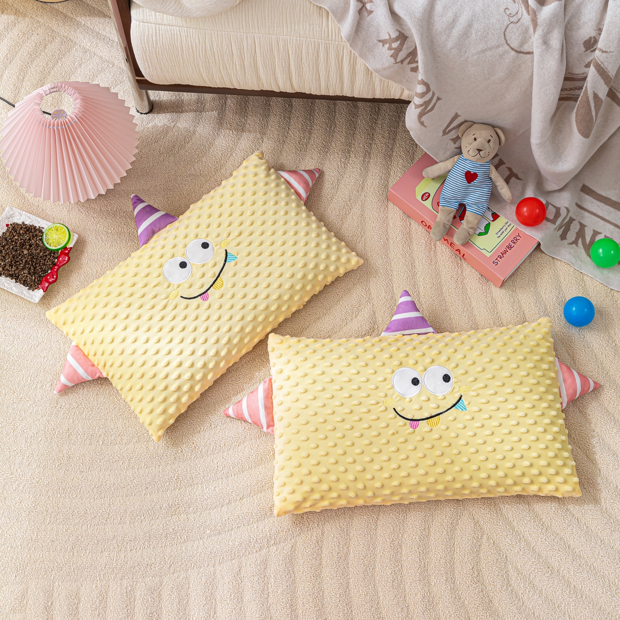 91家纺网 家纺一手货源 找家纺 织布人 2025新款荞麦枕豆豆绒小怪兽卡通儿童荞麦枕学生枕开学季宿舍枕头枕芯 太空豆豆荞麦枕-小怪兽米黄 30x50cm/只