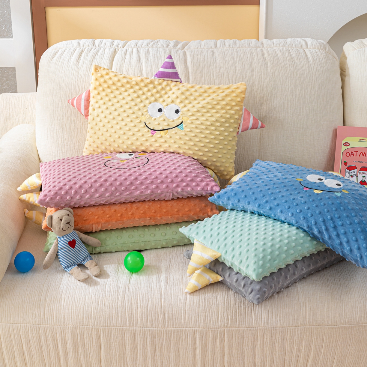 91家纺网 家纺一手货源 找家纺 织布人 2025新款荞麦枕豆豆绒小怪兽卡通儿童荞麦枕学生枕开学季宿舍枕头枕芯 组合图仅供展示不可下单 30x50cm/只