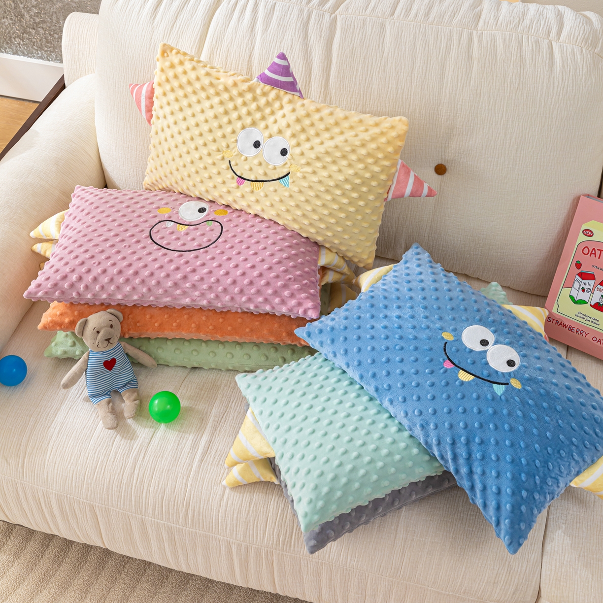 91家纺网 家纺一手货源 找家纺 织布人 2025新款荞麦枕豆豆绒小怪兽卡通儿童荞麦枕学生枕开学季宿舍枕头枕芯 组合图仅供展示不可下单 30x50cm/只