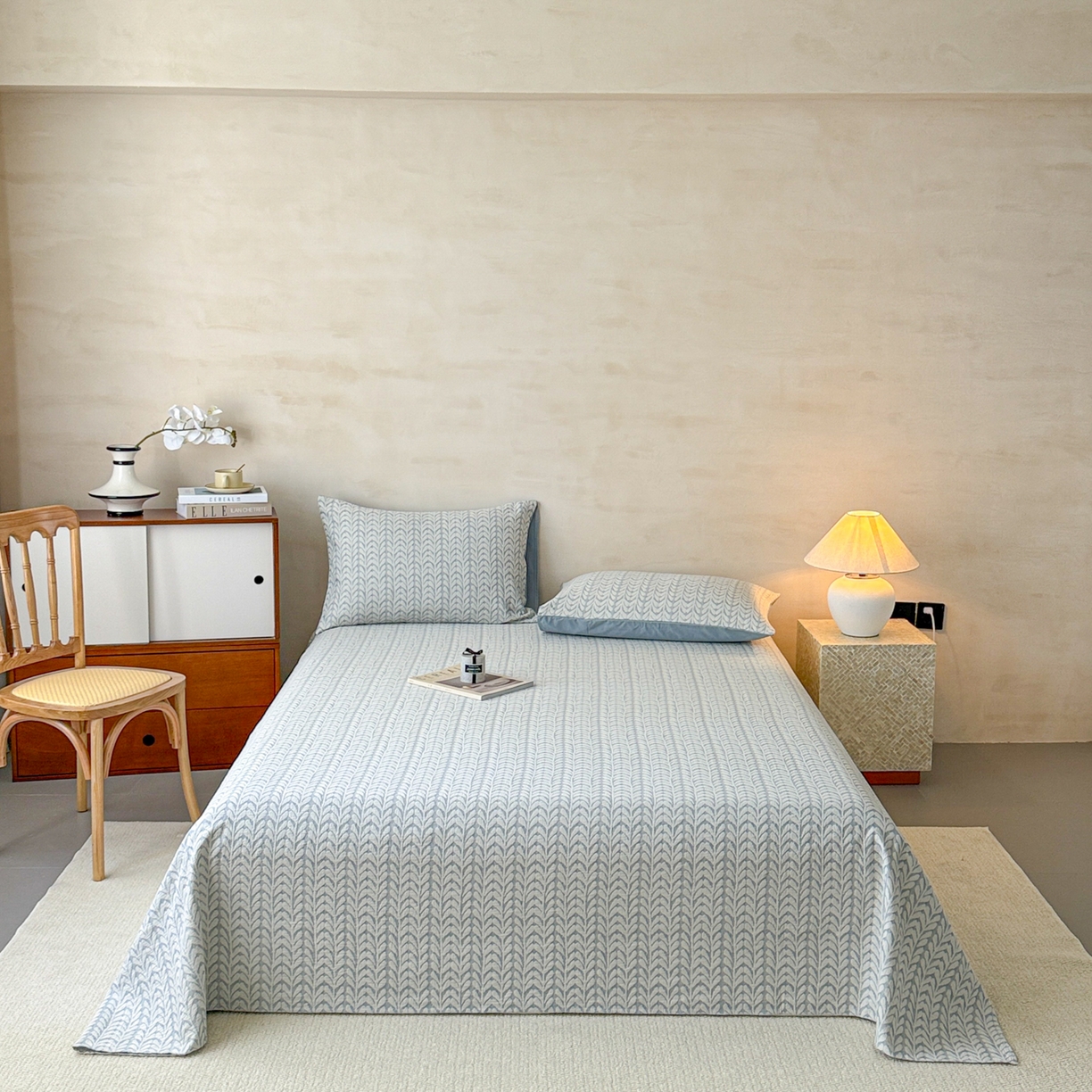 91家纺网 家纺一手货源 找家纺 眠博士 2025新款全棉纯棉三层纱单床单 床单单件 三层纱床单-荞麦蓝