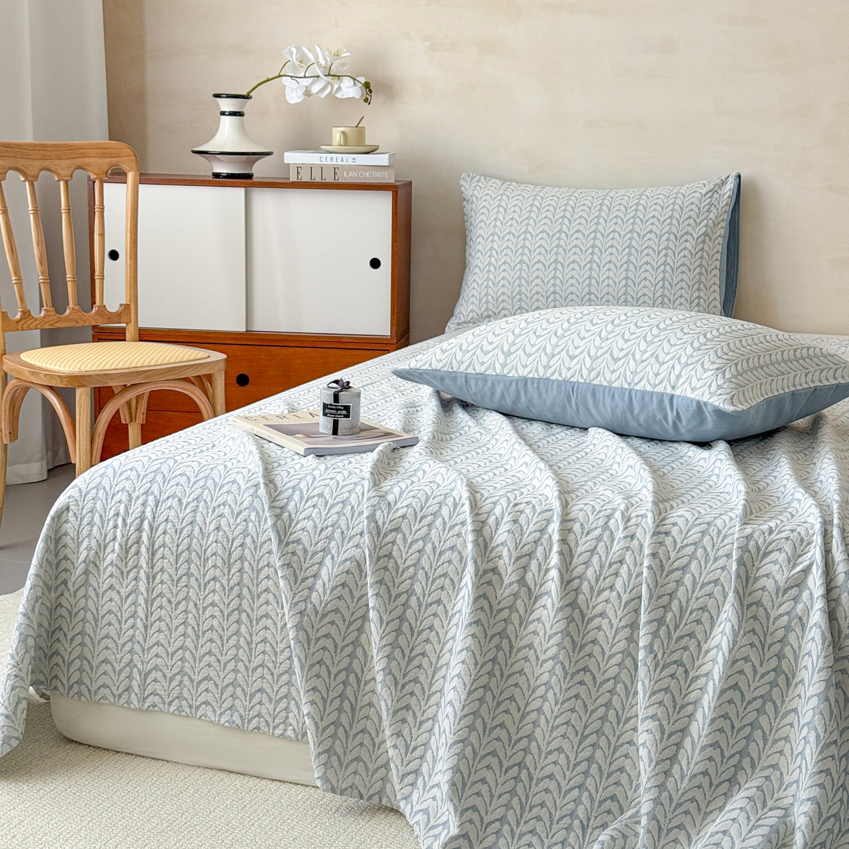 91家纺网 家纺一手货源 找家纺 眠博士 2025新款全棉纯棉三层纱单床单 床单单件 三层纱床单-荞麦蓝