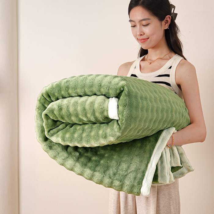 91家纺网 家纺一手货源 找家纺 赢盛家纺 2025新款多功能毛毯高克重法莱绒牛奶绒珊瑚绒免免绒包边毛毯毯子盖毯午睡毯 绿色