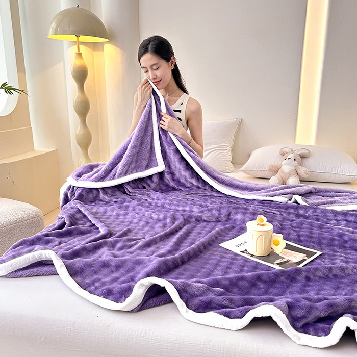 91家纺网 家纺一手货源 找家纺 赢盛家纺 2025新款多功能毛毯高克重法莱绒牛奶绒珊瑚绒免免绒包边毛毯毯子盖毯午睡毯 紫色