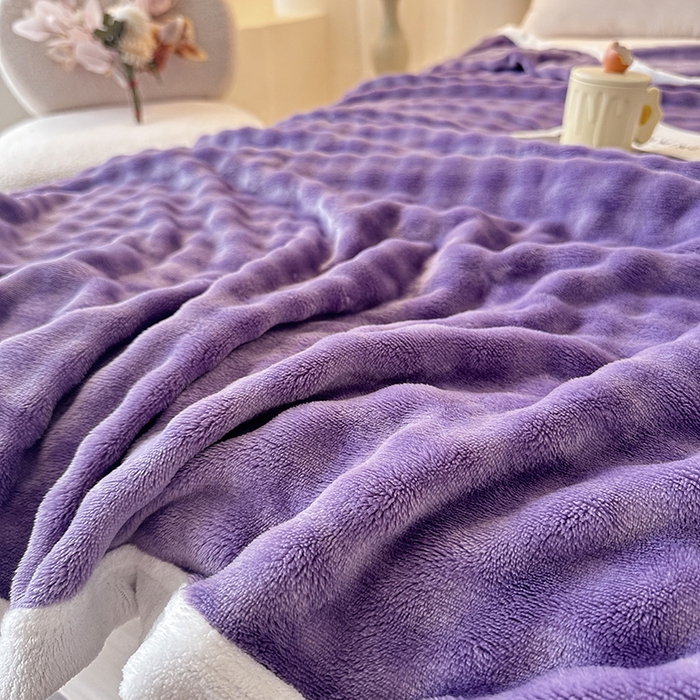91家纺网 家纺一手货源 找家纺 赢盛家纺 2025新款多功能毛毯高克重法莱绒牛奶绒珊瑚绒免免绒包边毛毯毯子盖毯午睡毯 紫色