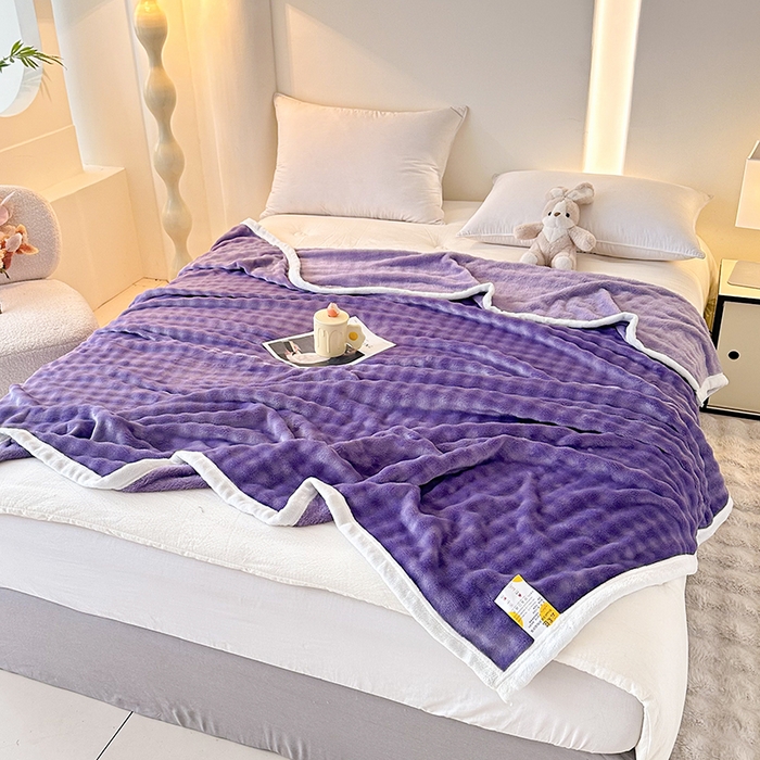 91家纺网 家纺一手货源 找家纺 赢盛家纺 2025新款多功能毛毯高克重法莱绒牛奶绒珊瑚绒免免绒包边毛毯毯子盖毯午睡毯 紫色